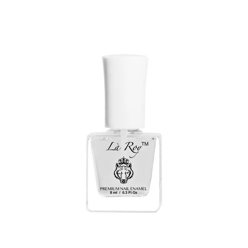 A bottle of Là Roy Premium Nail Enamel in white, featuring a white cap and a clear glass bottle with a white label, set against a plain white background.