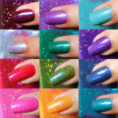 A 12-color nail polish swatch grid showing fingernails painted in various glitter shades including burgundy, purple, aqua, silver, emerald green, magenta, olive green, royal blue, pink, orange, and teal, each against a matching glittery background. The shades are inspired by 12 birthstones for 12 months