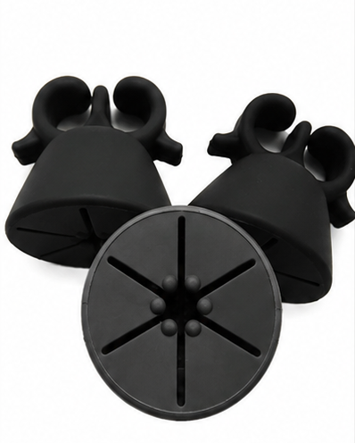 Five pairs of silicone kitchen utensils shown in different colors on a white background: two black, two yellow, two pink, two mint green, and two blue. Each set includes bell-shaped pieces and round star-shaped pieces.