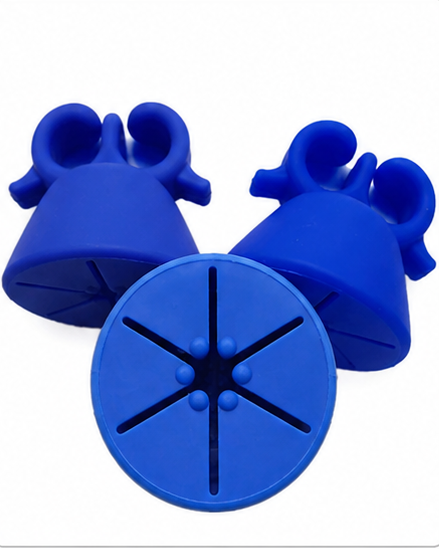 Five pairs of silicone kitchen utensils shown in different colors on a white background: two black, two yellow, two pink, two mint green, and two blue. Each set includes bell-shaped pieces and round star-shaped pieces.