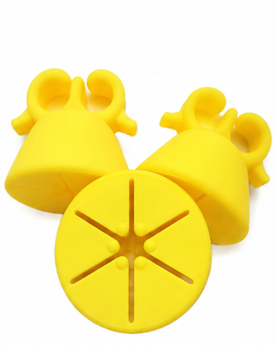 Five pairs of silicone kitchen utensils shown in different colors on a white background: two black, two yellow, two pink, two mint green, and two blue. Each set includes bell-shaped pieces and round star-shaped pieces.