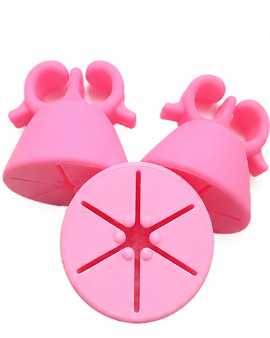 Five pairs of silicone kitchen utensils shown in different colors on a white background: two black, two yellow, two pink, two mint green, and two blue. Each set includes bell-shaped pieces and round star-shaped pieces.