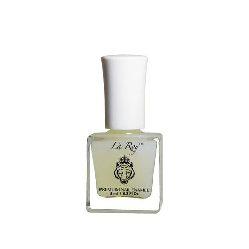 A bottle of Là Roy Premium Nail Enamel in a clear glass container showing Matte top coat nail polish, topped with a white cap, on a plain white background.
